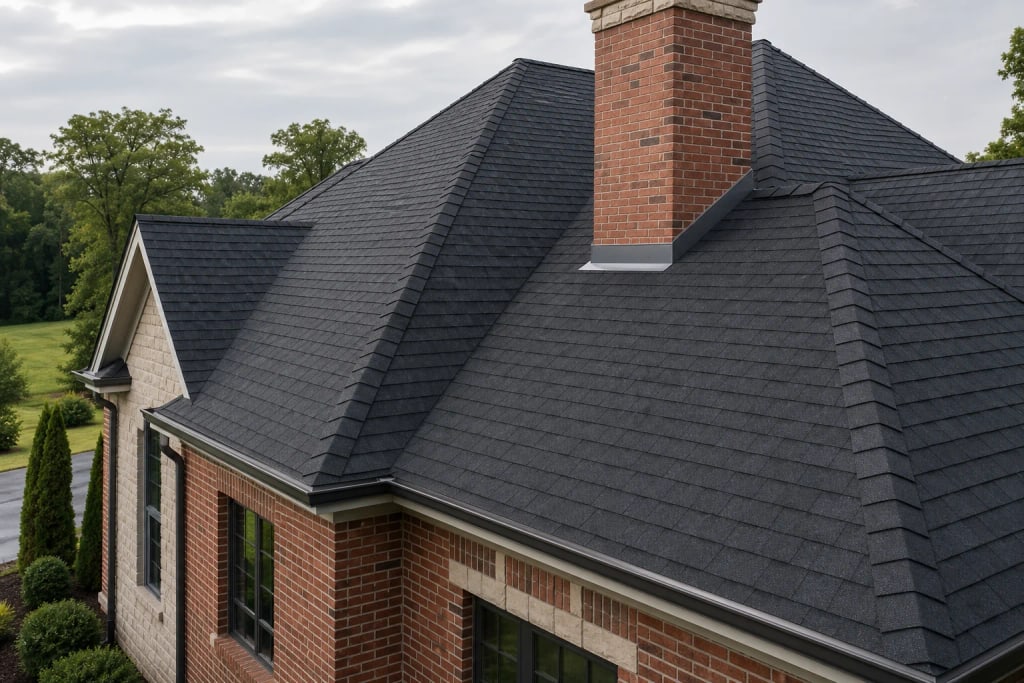 Detailed view of charcoal architectural roof shingles and careful flashing work