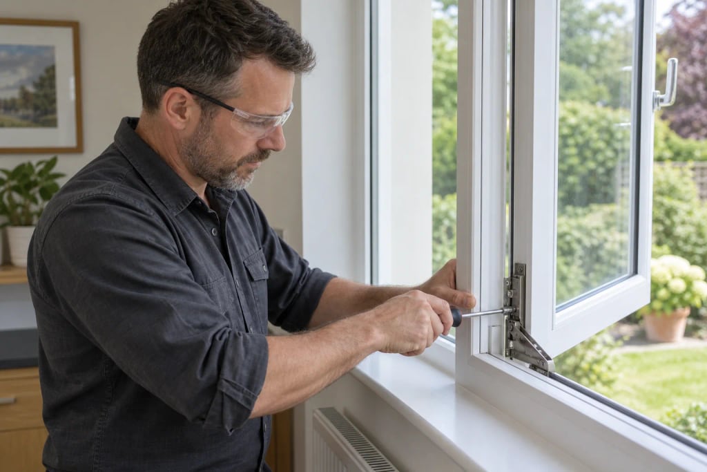 An adult man using a screwdriver to repair the hardware of an open residential window